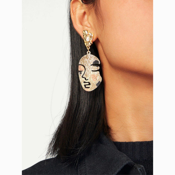 Anthropologie Jewelry - Pink Black Gold Face Drop Statement Earrings